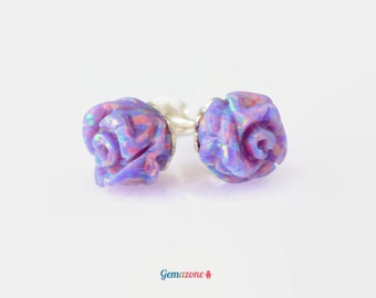 Opal Stud Earrings / Lilac Purple Earring / Rose Flower Opal Studs / Gemstone Floral Earrings / Bridesmaids Jewelry