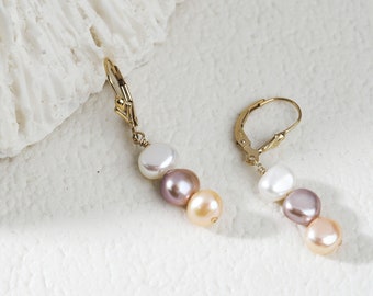 Multi Colored Pearl Earrings | Natural Freshwater Pearls | Wire Wrapped Jewelry | Stone Earrings | White Peach Pink Pearl