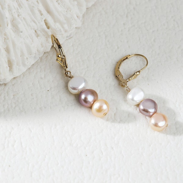 Multi Colored Pearl Earrings | Natural Freshwater Pearls | Wire Wrapped Jewelry | Stone Earrings | White Peach Pink Pearl