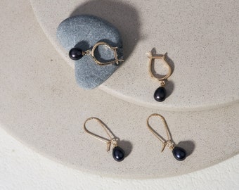 Black Pearl Teardrop Earrings | Natural Cultured Freshwater Pearl Earrings | Huggie Hoops or Kidney Ear Wire Earrings to choice