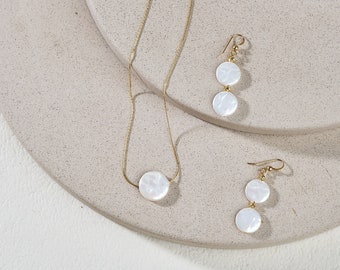 Coin MOP Shell Necklace and Earrings / White Mother of Pearl Gold Filled Jewelry Set / Wire Wrapped Earrings / June Birthstone