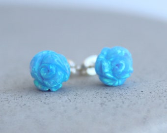 Blue Opal Flower Earrings / Carved Rose Post Studs / Sterling Silver Jewelry / Opal Jewellery