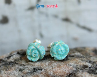 Flower Opal Earrings / Rose Aqua Opal Stud Earrings / Birthstone Earrings / Gemstone studs / Floral Earrings