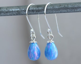 Sky Blue Opal Teardrop Earrings / Sterling Silver Dangle Jewelry