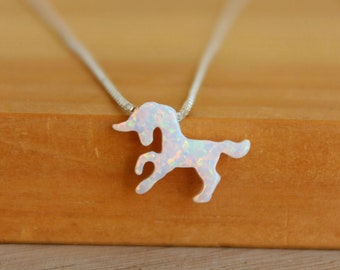 Unicorn Opal Necklace / White Opal Unicorn Pendant Choker / Unicorn Jewelry / Sterling Silver
