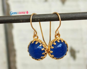 Brincos pendentes de ágata azul / Joias folheadas a ouro com pedras preciosas naturais