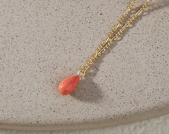Living Coral Drop Necklace / Gold Filled Pendant Necklace / Orange Gemstone Jewelry
