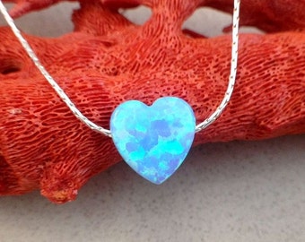 Heart Shaped Opal Necklace / Blue Pendant Charm Necklace / Sterling Silver Choker / Stocking Stuffer