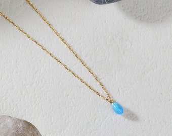 Blue Opal Solitaire Necklace / Tear Drop Layering Necklace / Gold Filled Figaro Chain / October Birthstone Jewelry