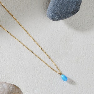 Blue Opal Solitaire Necklace / Tear Drop Layering Necklace / Gold Filled Figaro Chain / October Birthstone Jewelry