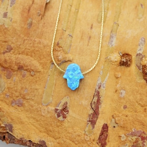Hamsa opal necklace, mini Hamsa necklace, small Hamsa Hand, blue Hand of Fatima opal necklace, 14K gold filled necklace, Kabbalah