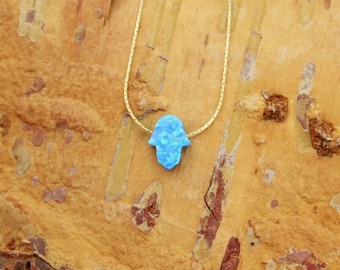 Hamsa opal necklace, mini Hamsa necklace, small Hamsa Hand, blue Hand of Fatima opal necklace, 14K gold filled necklace, Kabbalah