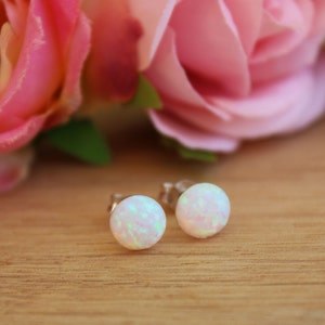 Opal stud earrings, 8MM round dot white opal 925 silver sterling earrings, simple opal jewelry, gifts for her