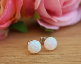 Opal stud earrings, 8MM round dot white opal 925 silver sterling earrings, simple opal jewelry, gifts for her