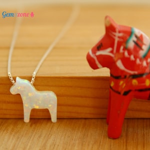 White Opal Dala Horse Necklace / Swedish Dalahast Necklace / Nordic Necklace / Scandinavian Dala Horse Charm / Animal Necklace