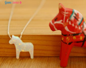 White Opal Dala Horse Necklace / Swedish Dalahast Necklace / Nordic Necklace / Scandinavian Dala Horse Charm / Animal Necklace