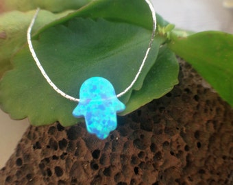 Hamsa Hand Blue Opal Necklace | Sterling Silver Snake Chain | October Birthstone