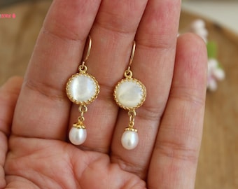 Natural White Pearl Teardrop Long Earrings / Gold Filled Handmade Jewelry