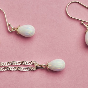 White Opal Teardrop Earrings and Necklace Set / Bridal Drop Sterling Silver Jewelry
