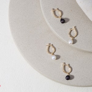 Pearl Hoop Earrings | Natural Cultured Freshwater Pearl Huggie Earrings | Deep Gold Jewelry