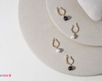 Pearl Hoop Earrings | Natural Cultured Freshwater Pearl Huggie Earrings | Deep Gold Jewelry