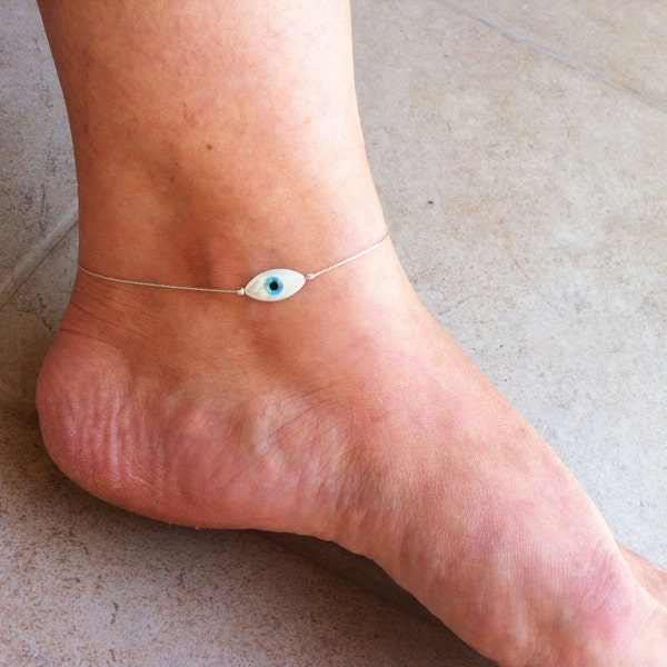 Evil Eye MOP anklet / Sterling Silver Ankle Bracelet / White Mother of Pearl with Blue Opal Anklet /Summer Jewelry 1 pcs