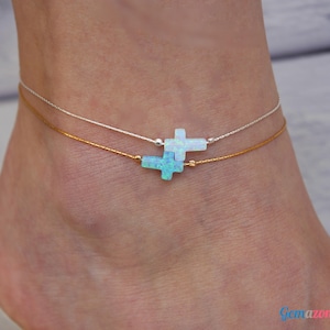 Opal Anklet / Cross Anklet Foot Bracelet / Charm Anklet / Silver Anklet / Gold Anklet / Layering Anklets Opal Jewelry / Body Jewelry