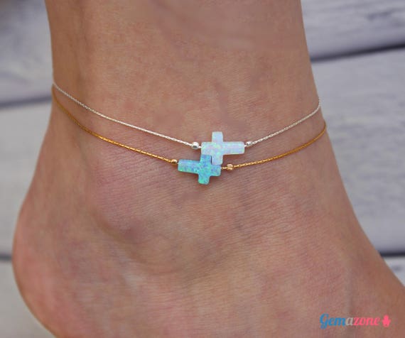 Opal Cross Anklet Set - Sterling Silver & Gold-Filled Layering Bracelets