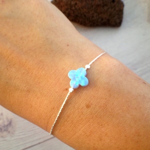 Clover Opal Bracelet / White or Blue Tiny Four Leaf Clover Sterling Silver Bracelet / Women Jewellery