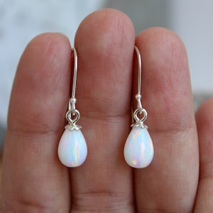 Bridal White Opal Tear Dangle Earrings / Single TearDrop earrings / Sterling Silver Drop Wedding Jewelry / Bridesmaid Gift