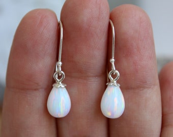 Bridal White Opal Tear Dangle Earrings / Single TearDrop earrings / Sterling Silver Drop Wedding Jewelry / Bridesmaid Gift