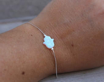 White Opal Bracelet / Sideways Hamsa Hand Sterling Silver Bracelet / Minimalist Jewelry