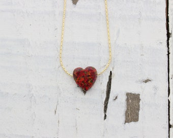 Red Opal Necklace / Heart Shaped Pendant / Gold Filled Chain / Birthstone Jewelry