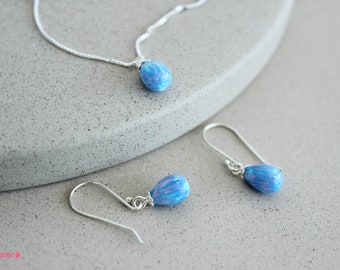 Very Peri Opal Earrings and Necklace Set / Single Teardrop Jewelry Set / Sterling Silver Jewelry