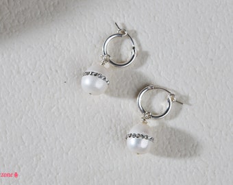 Baroque Pearl Embellished Crystal Hoop Earrings / Real Pearl Huggie Earrings / Statement Earrings / Sterling Silver Jewelry