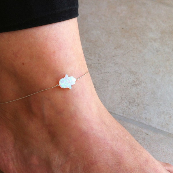 White Opal Hamsa Anklet / Dainty Hand Ankle Bracelet / Sterling Silver Anklette / Summer Jewelry