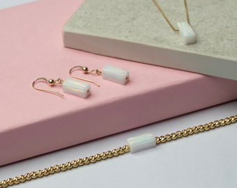 White Opal Bar Jewelry Set / Geometric Pendant Necklace Earrings and Bracelet / Gold Filled Bride Jewelry