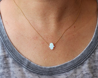 Hamsa White Opal Necklace / Hand Gold Filled Necklace / Gift for Girl
