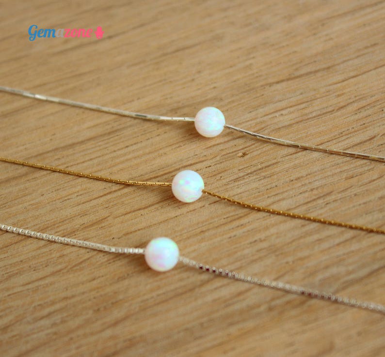 6MM Single Bead Necklace / Lab White Opal Slide Ball Necklace / Gold Filled or Sterling Silver Chain image 3