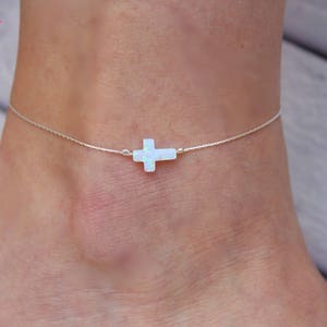 White Opal Anklet / Cross Ankle Foot Bracelet / Charm Anklet / Silver Layering Anklets / Body Jewelry