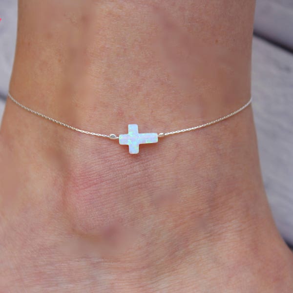 White Opal Anklet / Cross Ankle Foot Bracelet / Charm Anklet / Silver Layering Anklets / Body Jewelry