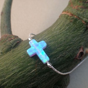 Sideways Cross Opal Anklet / Cross Pendant Anklette / Blue Opal foot bracelet / 925 sterling silver anklet / Charm Jewelry