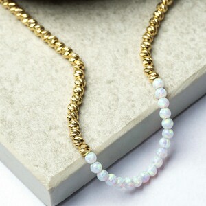 Gold Beaded Necklace / White Opal Necklace / Gold Plated Sphere Choker / October Birthstone Jewelry