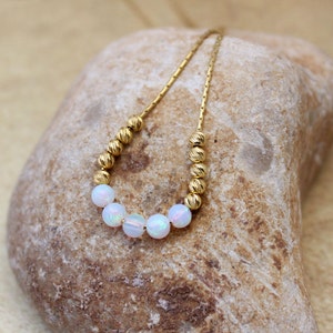 White Opal Beaded Necklace / Opal Ball Necklace / Bar Gold Filled Minimalist Necklace