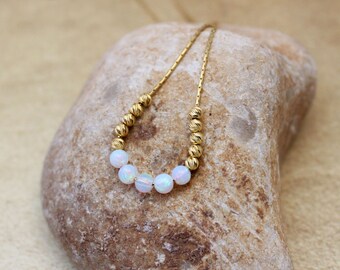 White Opal Beaded Necklace, 14K Gold Filled Minimalist Chain