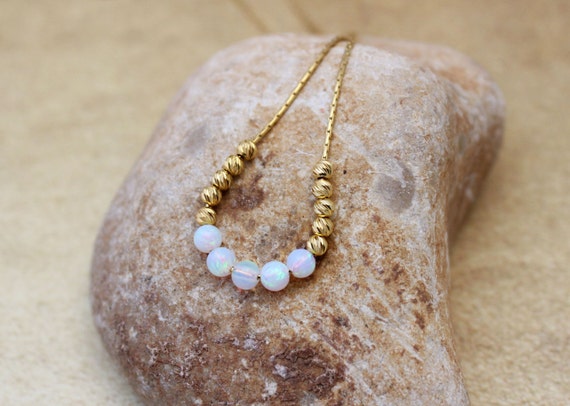 White Opal Beaded Necklace, 14K Gold Filled Minimalist Chain