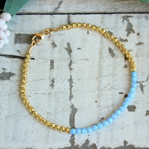Blue Opal Ball Bracelet / Beaded Gold Bracelet / Thin Layered Bracelet / 1PCS