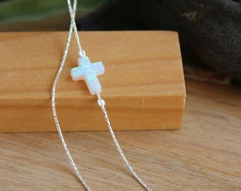 Asymmetrical Opal Cross Necklace / Faith Charm Necklace / Faith Charm Choker / Sterling Silver Necklace / Catholic Jewelry