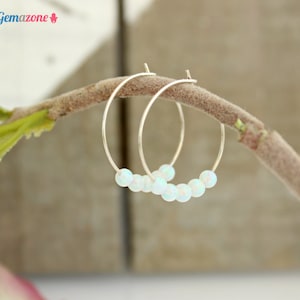 White Opal Huggie Hoop Earrings / Sterling Silver or Gold Filled Hoops / Boho Earrings