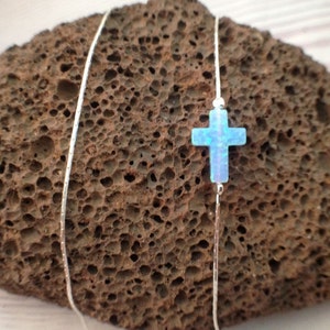 Cross Opal Necklace / Sideways Blue Opal Pendant / Sterling Silver or Gold Filled Necklace